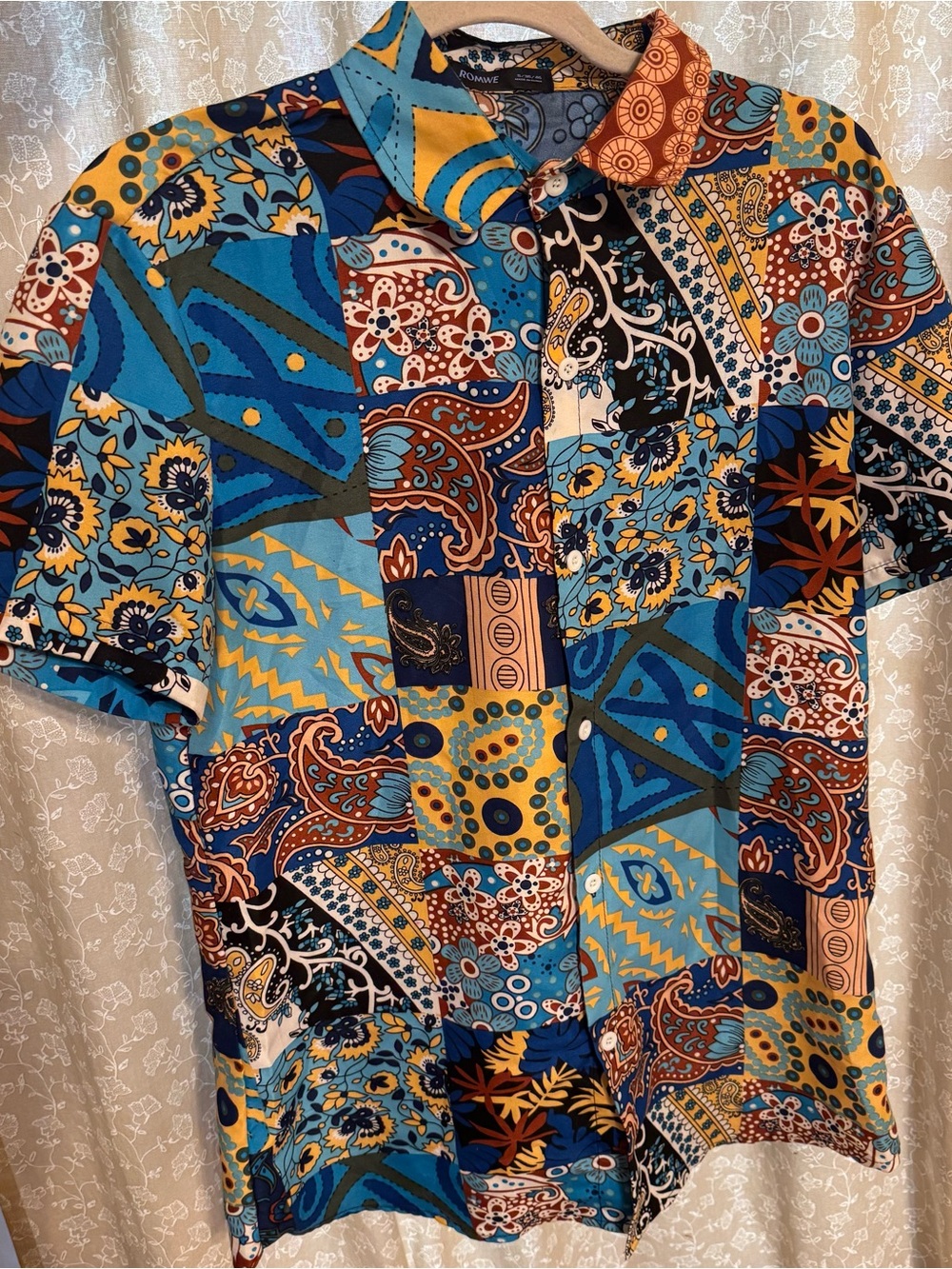 ROMWE Men’s Small Patchwork Button Up Shirt Short Sleeve Boho Eclectic Grandpa